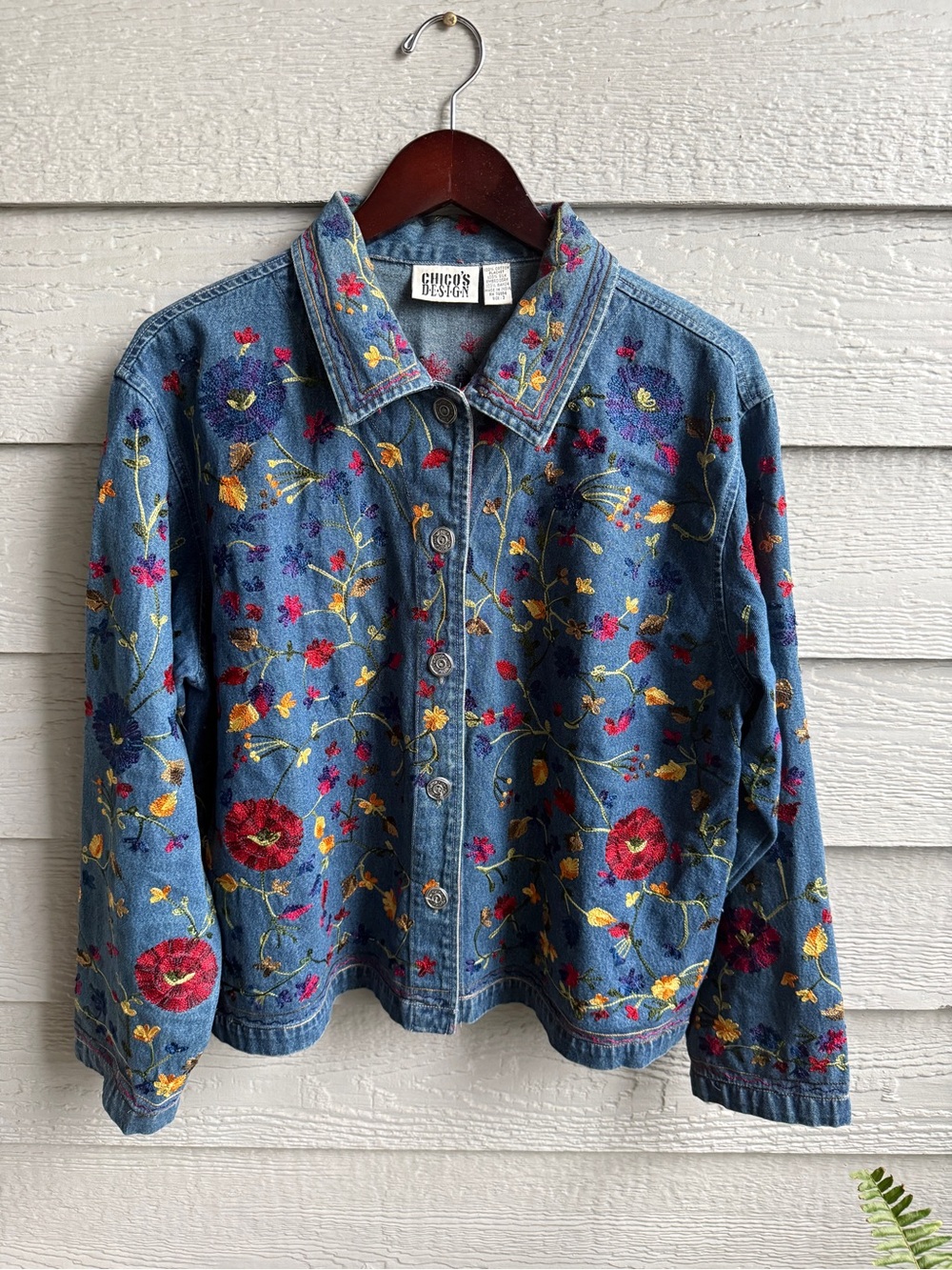 Vintage Chico's Design Embroidered Denim Jacket Size 3 XL 16 Floral Boho